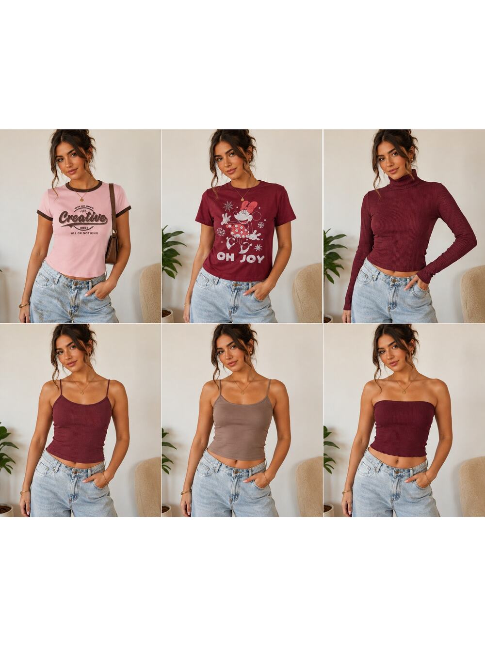 Women's Top Bundle 6pc Mixed Sizes Fits S/M Disney Fashion Nova Ribbed Tops